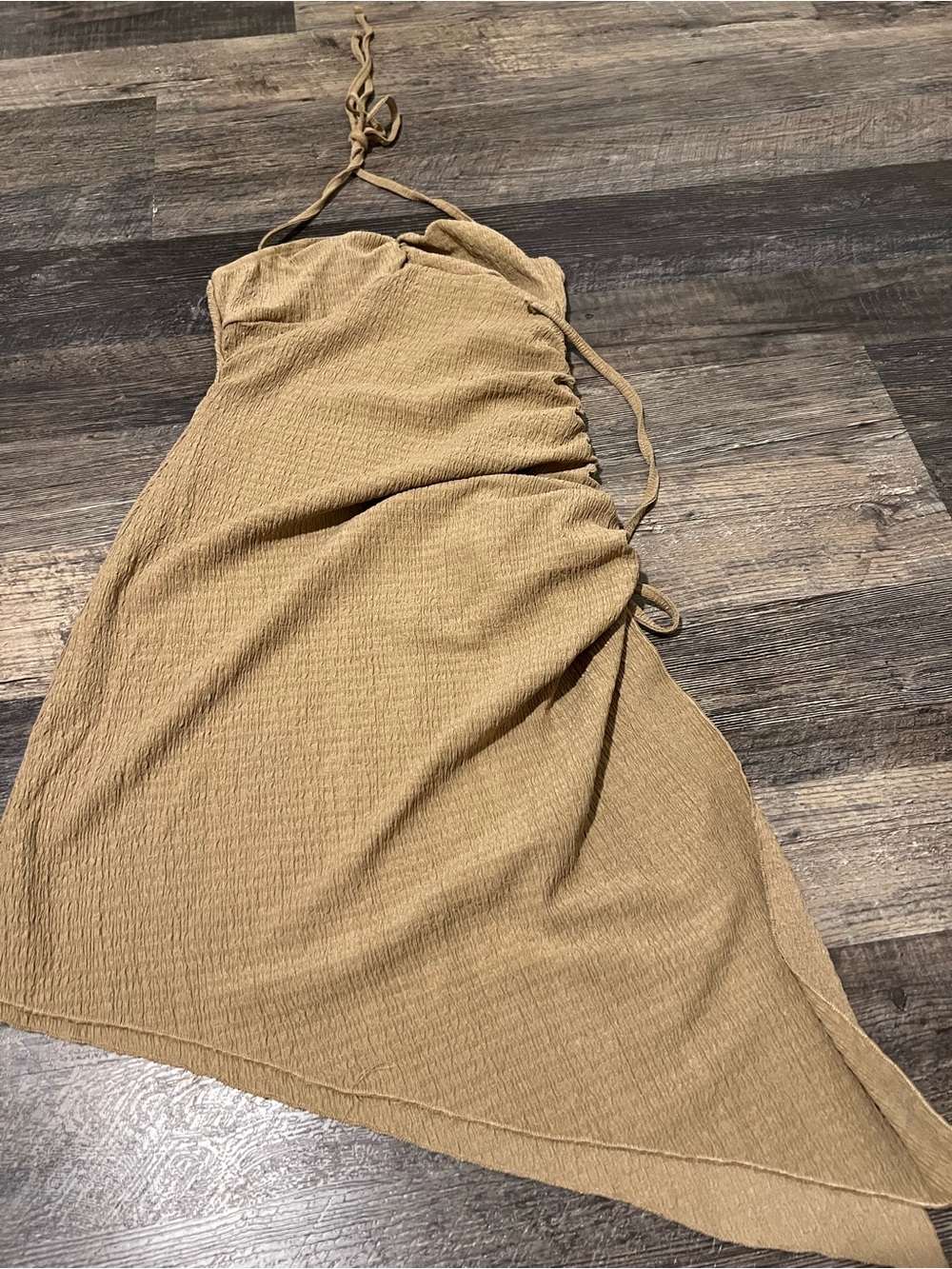Halter Neck Ruched Side Midi Dress - Tan